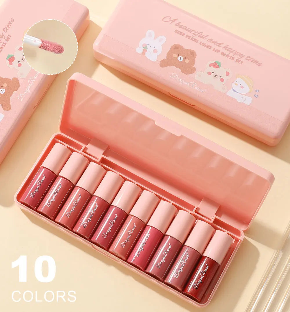 10-Piece Glitter Lip Gloss Set – Moisturizing, Non-Stick, Long-Lasting & Pearlescent Shine