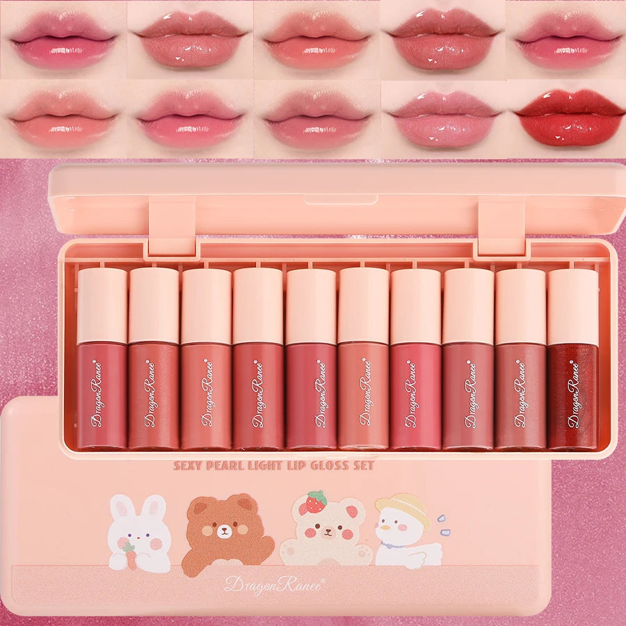 10-Piece Glitter Lip Gloss Set – Moisturizing, Non-Stick, Long-Lasting & Pearlescent Shine