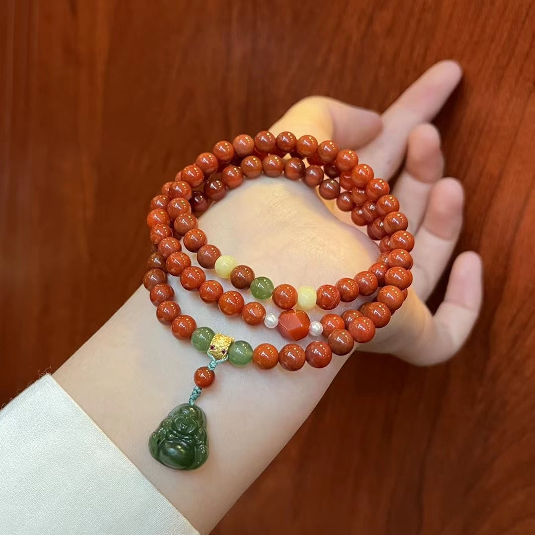 New Chinese Original Natural South Red Agate Multi-Circle Bracelet Female Hetian Jade Bracelet Jasper Little Buddha Pendant Necklace