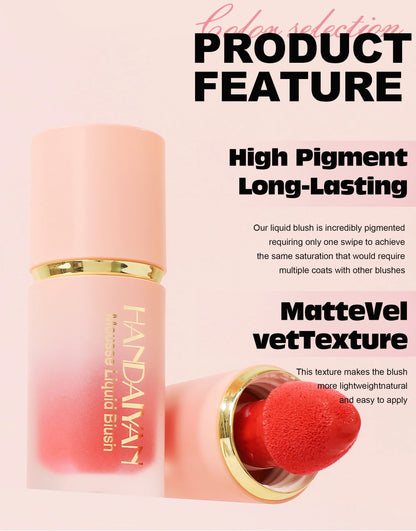 🌸 HANDAIYAN 6-Color Matte Liquid Blush – Long-Lasting, Waterproof & Easy-Blend with Sponge Tip
