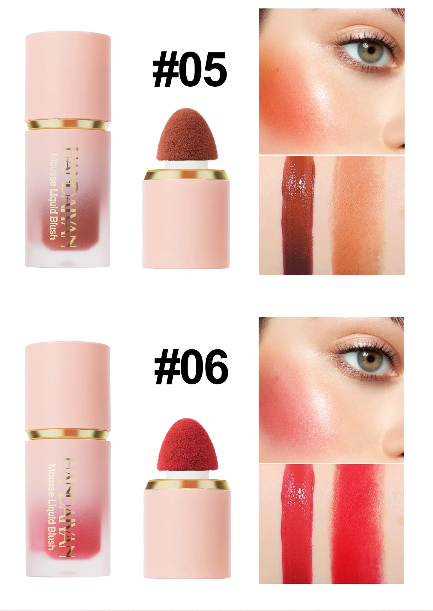 🌸 HANDAIYAN 6-Color Matte Liquid Blush – Long-Lasting, Waterproof & Easy-Blend with Sponge Tip