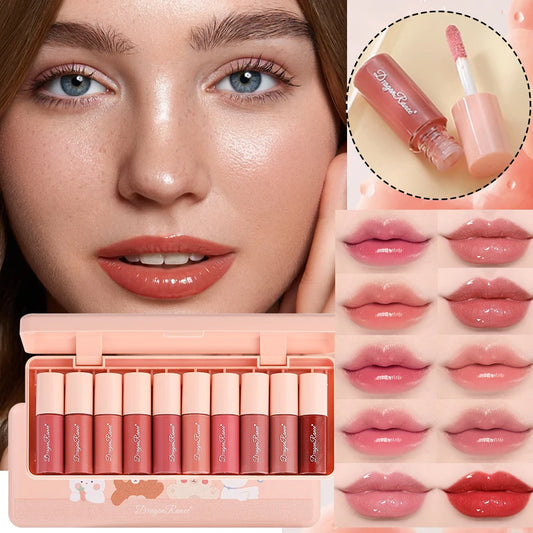 10-Piece Glitter Lip Gloss Set – Moisturizing, Non-Stick, Long-Lasting & Pearlescent Shine